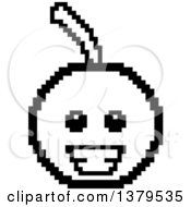 Clipart Of A Black And White Happy Cherry Character In 8 Bit Style Royalty Free Vector Illustration