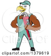 Poster, Art Print Of Cartoon Bald Eagle Plumber Man Holding A Monkey Wrench