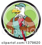 Poster, Art Print Of Cartoon Bald Eagle Plumber Man Holding A Monkey Wrench In A Black White And Green Circle