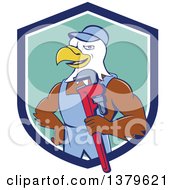 Poster, Art Print Of Cartoon Bald Eagle Plumber Man Holding A Monkey Wrench In A Blue White And Turquoise Shield