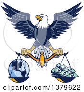 Poster, Art Print Of Flying American Bald Eagle Holding A Scale With Earth And Money