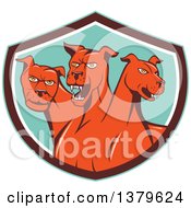 Poster, Art Print Of Cartoon Red Three Headed Cerberus Devil Dog Hellhound Monster In A Brown White And Turquoise Shield