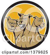 Clipart Of A Cartoon Three Headed Cerberus Devil Dog Hellhound Monster In A Black White And Yellow Circle Royalty Free Vector Illustration by patrimonio