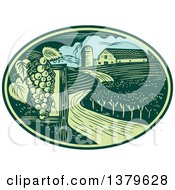 Retro Woodcut Vineyard Farm And Barn In A Green And Blue Oval