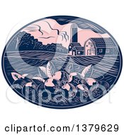 Poster, Art Print Of Retro Woodcut Cranberry Farm With A Barn Silo And Crops In A Pink And Navy Blue Oval