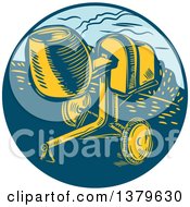 Clipart Of A Retro Woodcut Concrete Mixer In A Blue Circle Royalty Free Vector Illustration by patrimonio