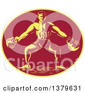Retro Woodcut Male Bodybuilder Working Out With Kettlebells In A Yellow And Red Oval