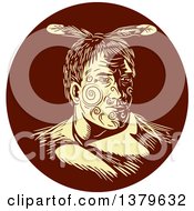 Retro Woodcut Maori Chief Warrior With Face Tattoos In A Brown Circle