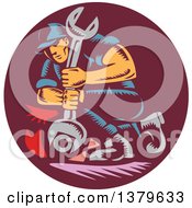 Clipart Of A Retro Woodcut Mechanic Unscrewing A Bolt With A Giant Wrench Royalty Free Vector Illustration by patrimonio