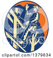 Clipart Of A Retro Woodcut Power Lineman Waving In An Orange Yellow And Blue Oval Royalty Free Vector Illustration by patrimonio