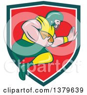 Poster, Art Print Of Cartoon White Male American Football Player Charging With The Ball Emerging From A Green White And Red Shield