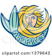 Clipart Of A Retro Blond Female Mermaid With Long Hair And A Tail Royalty Free Vector Illustration