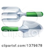 Clipart Of A 3d Green Handled Garden Fork And Spade Royalty Free Vector Illustration