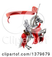 Clipart Of A 3d Fully Armored Medieval Knight On A Rearing White Horse Holding A Spear Flag Royalty Free Vector Illustration