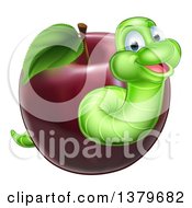 Poster, Art Print Of Happy Green Worm Emerging From A Red Apple