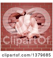 Cartoon Caucasian Hand Pointing Outwards Breaking Through A Brick Wall