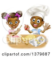 Poster, Art Print Of Cartoon Happy Black Girl And Boy Making Frosting And Baking Star Cookies