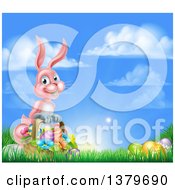 Clipart Of A Happy Pink Easter Bunny With A Basket Of Eggs And Flowers In The Grass Against A Blue Sky Royalty Free Vector Illustration