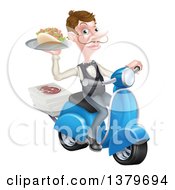 White Male Waiter With A Curling Mustache Holding A Souvlaki Kebab Sandwich On A Scooter