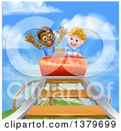 Clipart Of Happy White And Black Boys At The Top Of A Roller Coaster Ride Against A Blue Sky With Clouds Royalty Free Vector Illustration