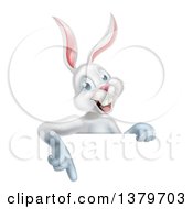 Clipart Of A Happy White Bunny Rabbit Pointing Down Over A Sign Royalty Free Vector Illustration