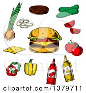 Poster, Art Print Of Sketched Cheeseburger And Ingredients