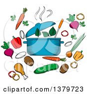 Clipart Of A Sketched Soup Pot And Ingredients Royalty Free Vector Illustration by Vector Tradition SM