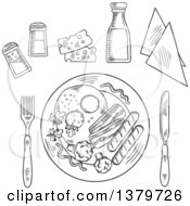 Poster, Art Print Of Black And White Sketched Plated Meal And Condiments