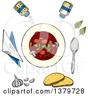 Poster, Art Print Of Sketched Bowl Of Soup And Ingredients
