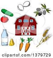 Poster, Art Print Of Sketched Barn And Agriculture Items
