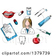 Clipart Of A Sketched Nurse And Health Care Elements Royalty Free Vector Illustration