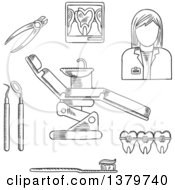 Black And White Sketched Dentist And Accessories