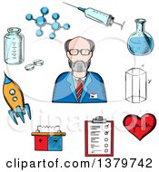 Clipart Of A Sketched Scientist And Icons Royalty Free Vector Illustration