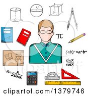 Poster, Art Print Of Sketched Teacher And Math Items
