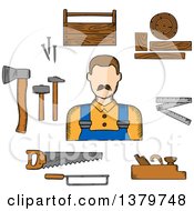 Poster, Art Print Of Sketched Carpenter And Tools