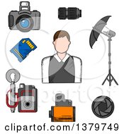 Clipart Of A Sketched Photographer And Accessories Royalty Free Vector Illustration