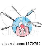 Clipart Of A Sketched Tooth And Dental Tools Royalty Free Vector Illustration