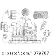 Poster, Art Print Of Black And White Sketched Factory Plant With Ecology Icons