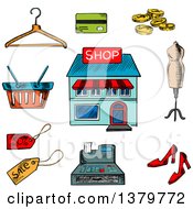 Clipart Of A Sketched Shop And Items Royalty Free Vector Illustration