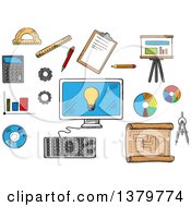 Clipart Of Sketched Online Business Icons Royalty Free Vector Illustration