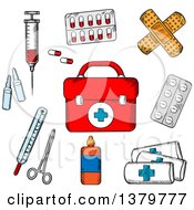 Poster, Art Print Of Sketched First Aid Kit And Medical Items