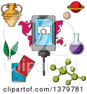 Poster, Art Print Of Sketched Smart Phone With Biology And Science Icons