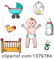 Poster, Art Print Of Sketched Baby And Items