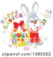 Poster, Art Print Of Gray Male Easter Bunny Rabbit In Overalls With A Greeting Butterfly And Basket Of Eggs