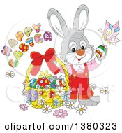 Poster, Art Print Of Gray Easter Bunny Rabbit In Overalls With A Greeting Butterfly And Basket Of Eggs