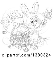 Poster, Art Print Of Black And White Easter Bunny Rabbit In Overalls With A Greeting Butterfly And Basket Of Eggs