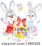 Poster, Art Print Of Gray Easter Bunny Rabbit Pair With A Basket Of Eggs