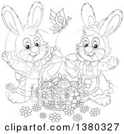 Poster, Art Print Of Black And White Easter Bunny Rabbit Couple With A Basket Of Eggs