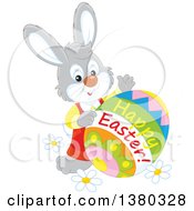Poster, Art Print Of Gray Bunny Rabbit With A Decorated Happy Easter Egg