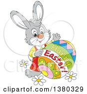 Poster, Art Print Of Gray Bunny With A Decorated Happy Easter Egg
